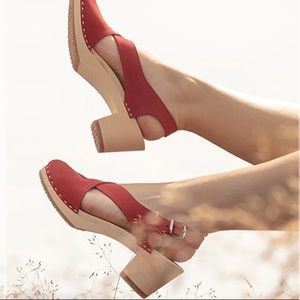 Sandgrens Morocco Womens EU 38 US 8 Leather Slingback Peep Toe Wood Clog…